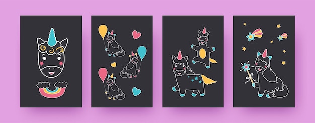 Collectie hedendaagse posters met schattige eenhoorns. ballonnen, regenboog, sterren, hartenillustraties, . magisch, sprookjesachtig concept voor ontwerpen, sociale media