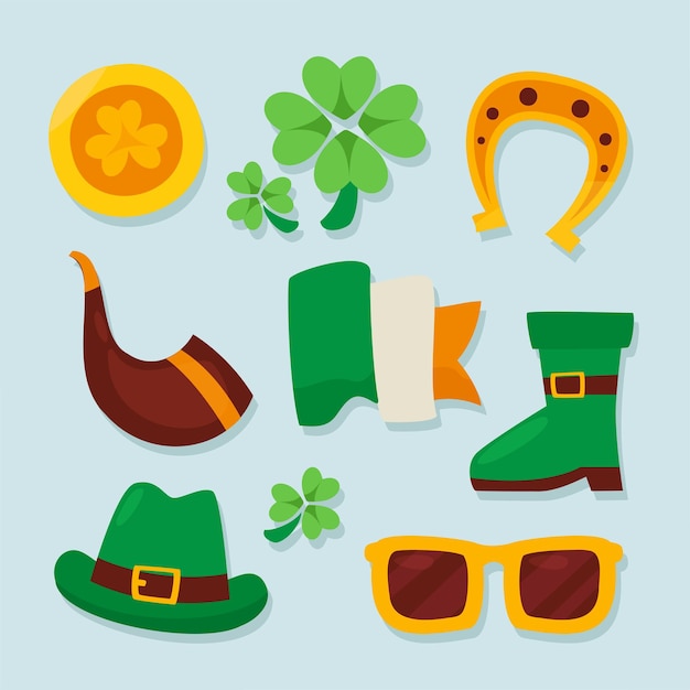 Collectie items van st patricks day flat cartoon stijl ontwerp met vlag hoed kabouters boot bier klaver bril hoed hoefijzer hoorn pot en gouden munt vectorillustratie