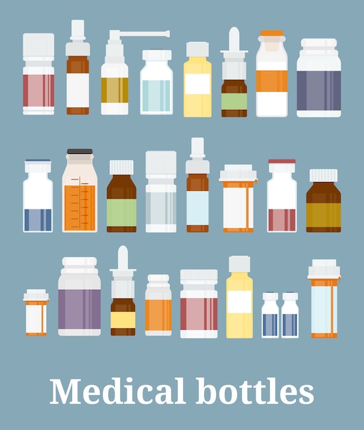 Collectie medicijnflessen. Flessen met medicijnen, tabletten, capsules en sprays. Vector illustratie