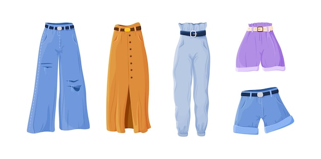 Collectie van denim en stof vrouwelijke broeken, broeken, shorts en rok. vrijetijdskleding voor dames