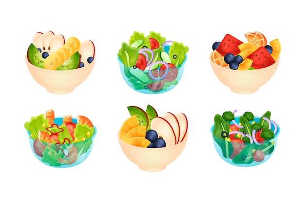 Gratis vector collectie van fruit en salade kommen