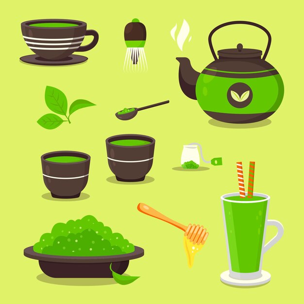 Collectie van groene matcha thee