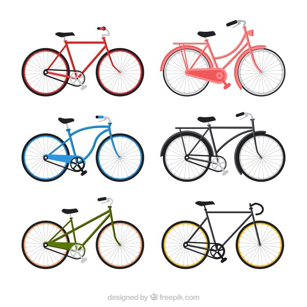 Collectie van kleurrijke fietsen in vlakke vormgeving