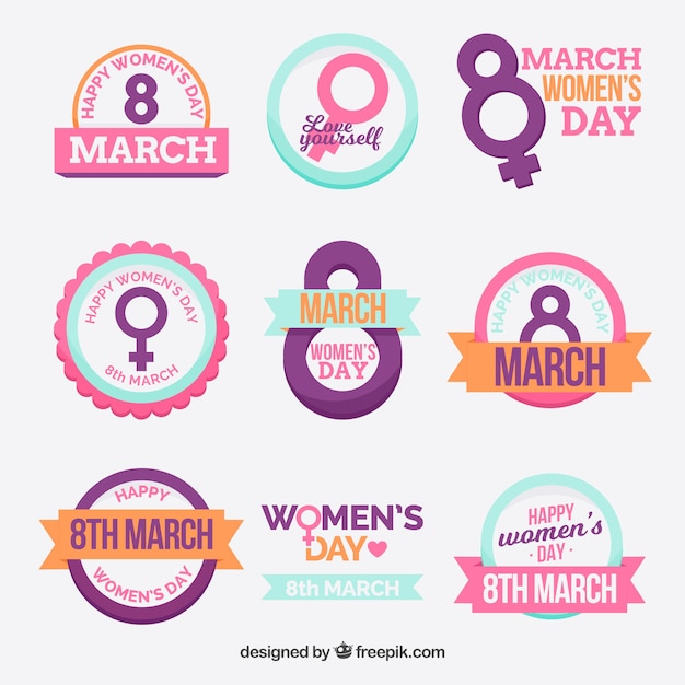 Collectie van kleurrijke vrouwen dag badges in platte ontwerp