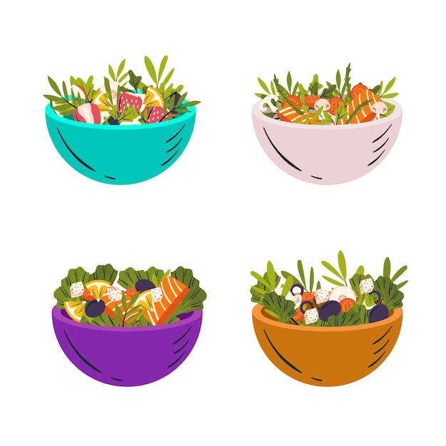 Gratis vector collectie van kommen met fruit en salade