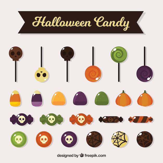 Collectie van lollipops en halloween snoep in plat ontwerp