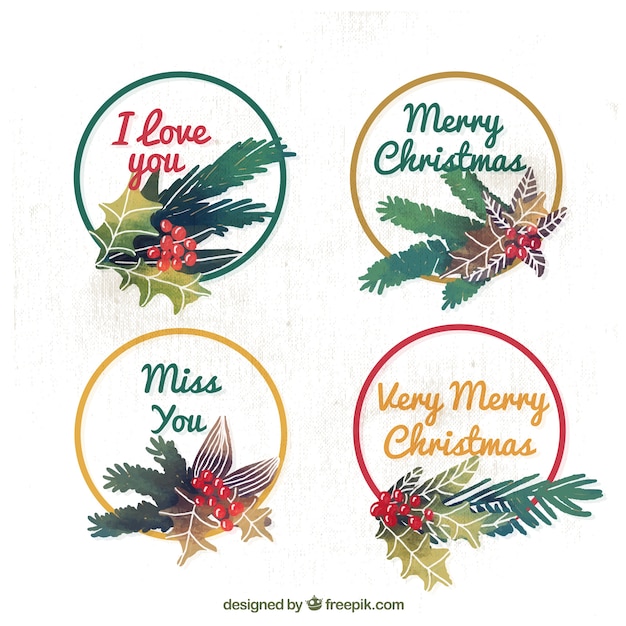 Collection of round kerst stickers in aquarel stijl