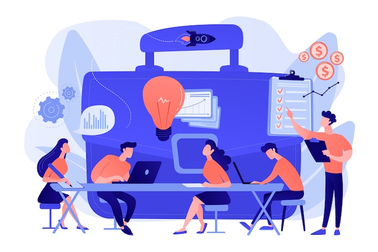 Gratis Vector collega's ontmoeten elkaar. team brainstormen. zakelijke training