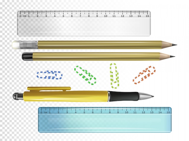 Gratis vector college briefpapier illustratie van 3d-inkt pen, potloden met vlakgom en linialen of paperclips