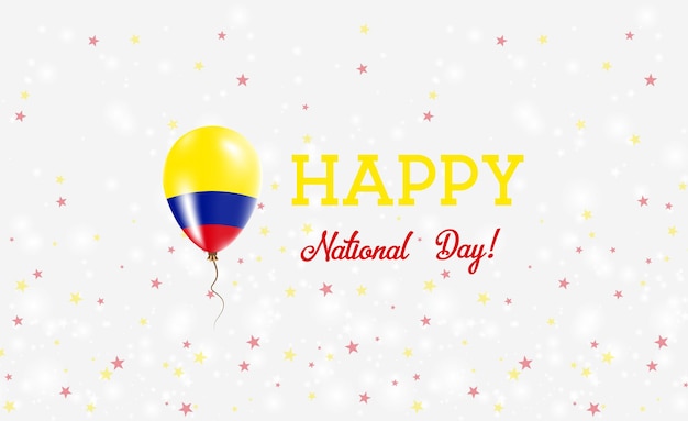 Colombiaanse nationale feestdag patriottische poster. vliegende rubberen ballon in de kleuren van de colombiaanse vlag. colombia nationale feestdag achtergrond met ballon, confetti, sterren, bokeh en sparkles.