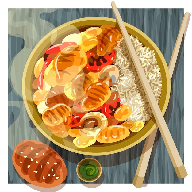 Comfort food illustratie met rijst en chicker