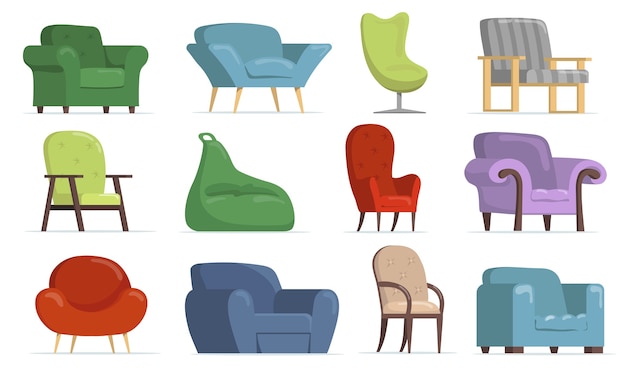 Gratis vector comfortabele fauteuils platte set voor webdesign. cartoon klassieke en moderne stoelen, zachte poefs geïsoleerde vector illustratie collectie. meubilair en appartement interieurconcept