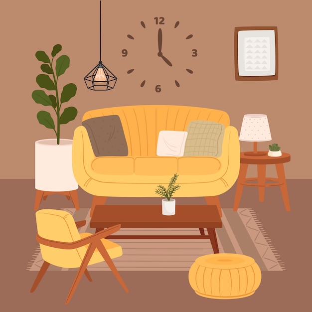 Gratis vector comfortabele woonkamer interieur zittend op fauteuil en poef met kamerplanten groeien in potten