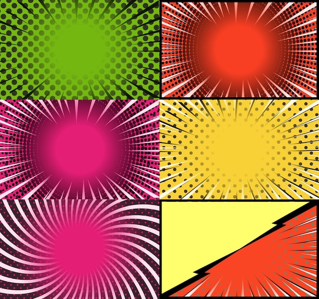 Gratis vector comic book kleurrijke frames achtergrond met stralen radiale halftone en gestippelde effecten pop-art stijl