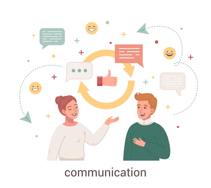 Gratis Vector communicatie cartoon design concept met sociale netwerken tekenen en jonge pare praten met elkaar platte vectorillustratie