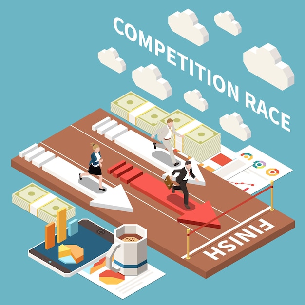 Gratis vector competitie race zakelijke achtergrond met drie mensen die langs aangrenzende sporen rennen om de isometrische vectorillustratie te beëindigen