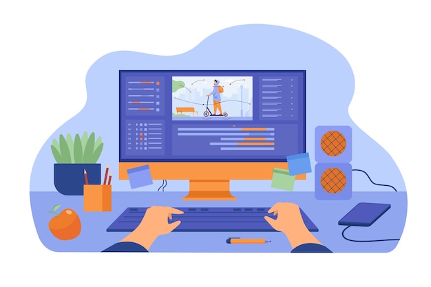 Computer en monitor van grafisch animator die videogames maakt, beweging modelleert, videobestanden verwerkt, met behulp van professionele editor. Vectorillustratie voor grafisch ontwerp, kunst, ontwerper werkplekconcept