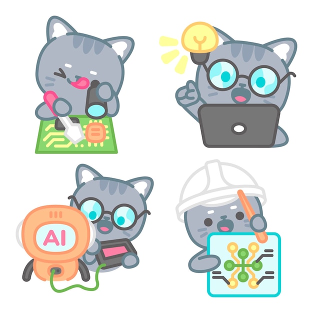 Gratis vector computeringenieur stickerscollectie met tomomi de kat