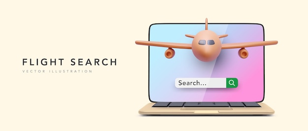 Conceptbanner voor vluchtonderzoek in realistische stijl met laptop en vliegtuigen vectorillustratie