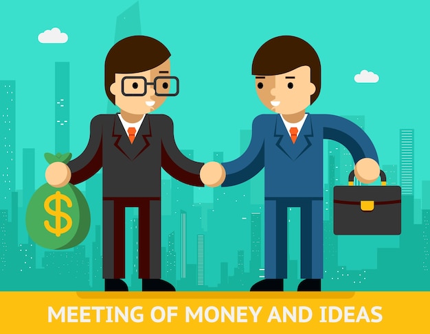 Conceptvergadering van geld en ideeën. twee zakenlieden en handdruk. overeenkomst en succes. vector illustratie
