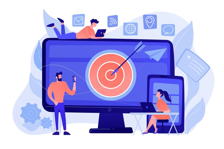 Gratis Vector concumers met apparaten krijgen gerichte advertenties en berichten. multi-device-targeting, publiek bereiken, cross-device marketingconcept