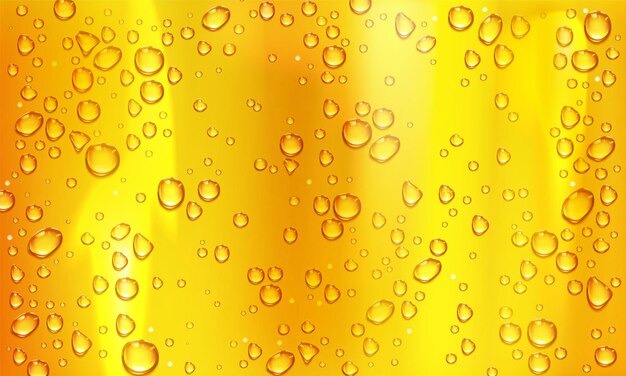 Condenswater of bierdruppeltjes op glas gele achtergrond. Regendruppels op venster, abstracte natte textuur, koud sap of champagne alcoholische drank in wijnglas. Realistische 3D-vector illustratie