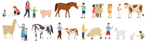 Contact boerderij vlakke pictogrammen set van mensen die tijd doorbrengen in dierenboerderij park op weekend vrije tijd geïsoleerde vector illustratie