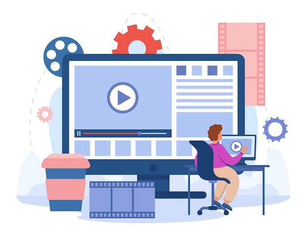 Contentmaker die videobeelden in studio bewerkt. Editor publiceert virale video op sociale media, multimediaproductie platte vectorillustratie. Bewegingsontwerpconcept voor banner of bestemmingswebpagina