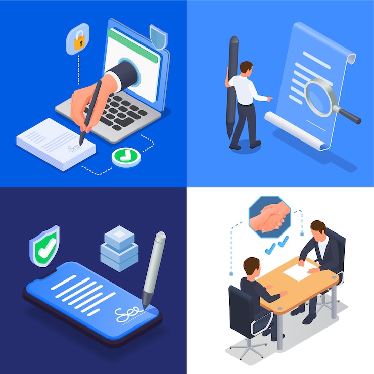 Gratis Vector contractovereenkomst 2x2 ontwerpconcept met mensen die papieren ondertekenen en elektronische handtekening geïsoleerde isometrische vectorillustratie zetten