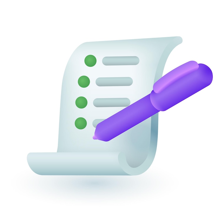 Gratis Vector controlelijst in 3d-cartoonstijl met penpictogram. gebogen vel papier of takenlijst met voltooide taken platte vectorillustratie. tijdmanagement, planning, organisatieconcept