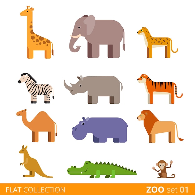 Cool platte ontwerp trendy stijl pictogramserie. Dierentuin kinderen wilde boerderij huisdier cartoon collectie. Giraffe olifant cheetah zebra neushoorn tijger kameel nijlpaard leeuw kangoeroe krokodil aap.