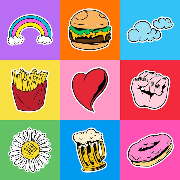 Coole pop-art sticker met een witte rand set vector