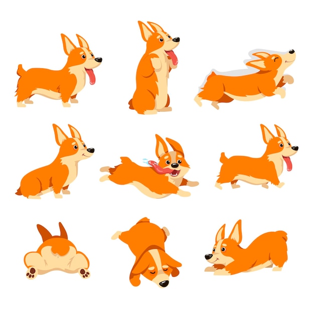 Corgi hond tekenset met verschillende emoties. Vectorillustraties van corgi poses. Cartoon komische puppy slapen, schattige vriendelijke hondje zitten geïsoleerd op wit. Dierenverzorging, huisdieren concept