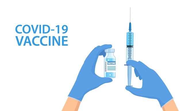 Coronavirus covid 19 vaccinatieconcept. handen in blauwe handschoenen van dokter, wetenschapper houden een ampul, spuit vast. fles en ampul met medicijn voor covid-19. vectorillustratie in een vlakke stijl