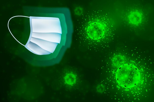 Coronavirus groene bacteriën en bescherming gezichtsmasker achtergrond