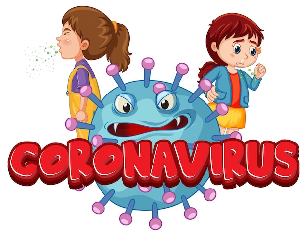 Gratis vector coronavirus-lettertypeontwerp met covid19-pictogram en stripfiguur voor kinderen op wit wordt geïsoleerd
