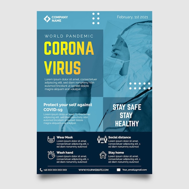 Gratis vector coronavirus medische producten afdruksjabloon met foto