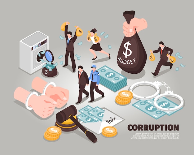 Gratis vector corruptie isometrisch inbegrepen pictogrammen die witwassen van omkoping, verduistering, corrupte rechter, corrupte politicus symboliseren