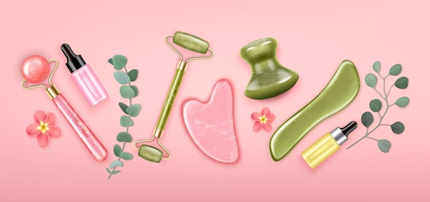 Cosmetische hulpmiddelen voor gua sha massage realistische samenstelling op roze achtergrond met rollers stenen serumflessen en bloemen vectorillustratie