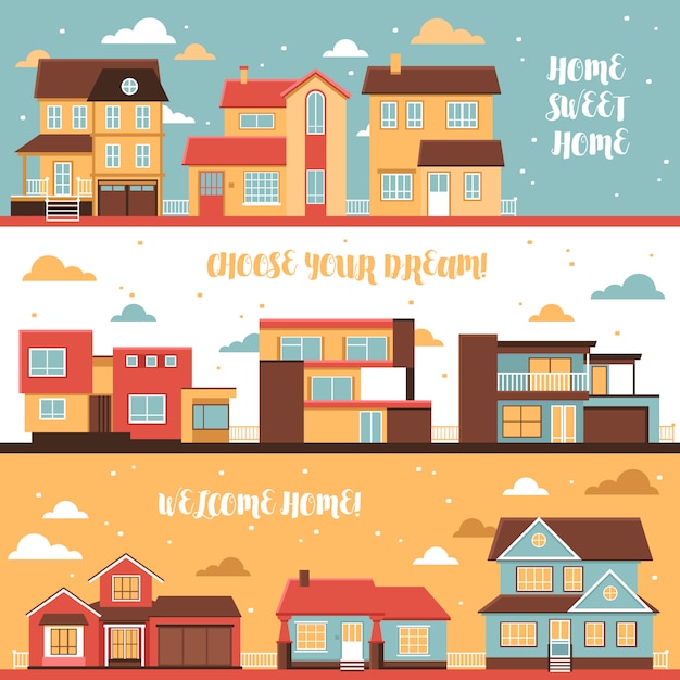 Gratis vector cottage en dorp huizen horizontale banners