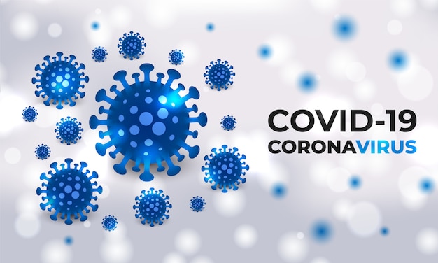 Covid-19 cellen blauw bacterieel op een witte medische achtergrond met typografie. Premium Vector