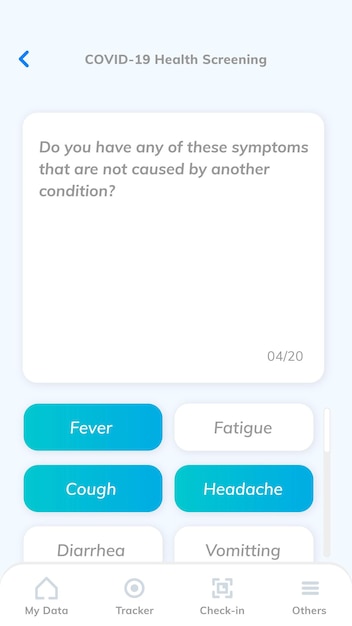 COVID-19 gezondheidsscreening app sjabloon vector mobiel scherm