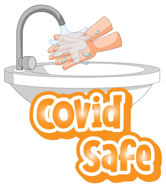 Gratis vector covid safe-lettertype in cartoonstijl met handen wassen door watergootsteen geïsoleerd op een witte achtergrond