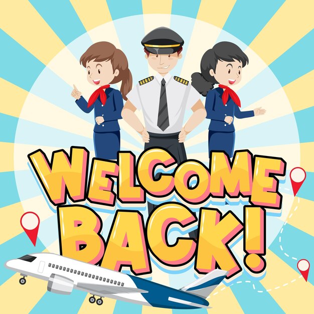 Covid Safe Travel-banner met stripfiguren van vliegtuigbemanningen