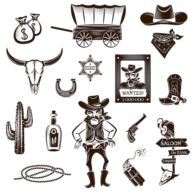 Cowboy Black White Icons Set