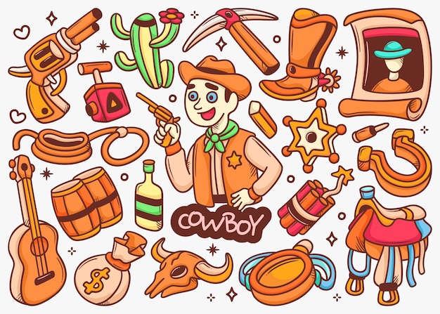 Cowboy doodle handgetekende kleur vector collectie