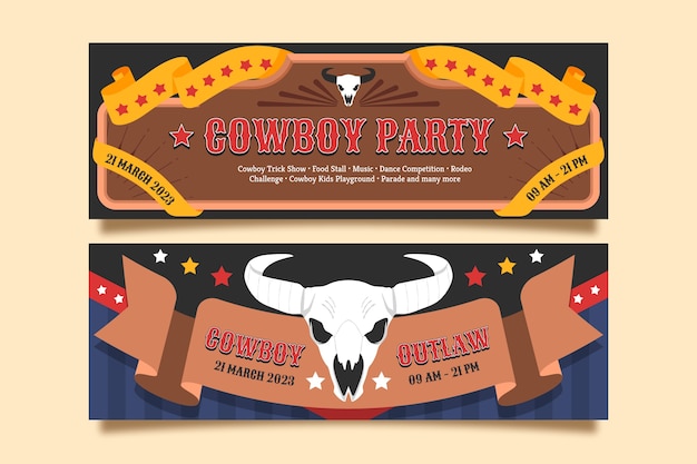 Gratis vector cowboy partij evenement horizontale banners instellen