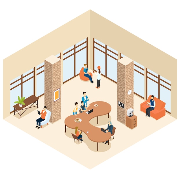 Gratis vector coworking isometrische centrum interieurconcept