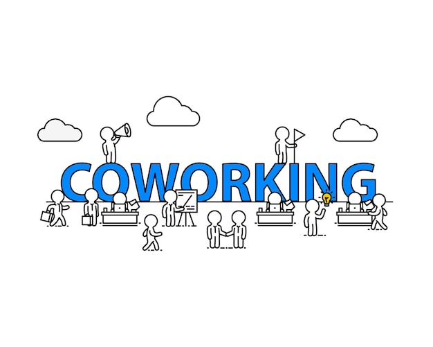 Coworking tekst werk kantoor met mensen. vector illustratie
