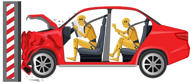 Crash test dummy met kapotte auto